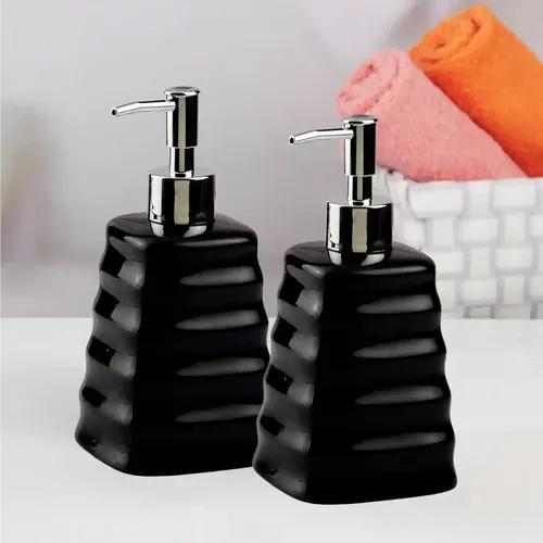 Kookee Ceramic Soap Dispenser for Bathroom hand wash, refillable pump bottle for Kitchen hand wash basin, Set of 2, Black (10994)