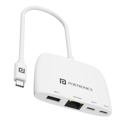 Portronics Mport 41 USB C Hub (4-in-1) with Ethernet (1000 Mbps Gigabit Internet), 2-Ports Type-C Data, USB 3.0 Port, Multiport 10/100/1000 Mbps RJ45 LAN Adapter for Laptop, PC, Mac & Desktop (White)