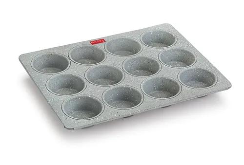 HAZEL Aluminium Cupcake Muffin Mould Microwave Safe 12 Cups Granite Finish Non Stick Muffin Pan Chocolate Baking Tray for House and Bakery, Grey