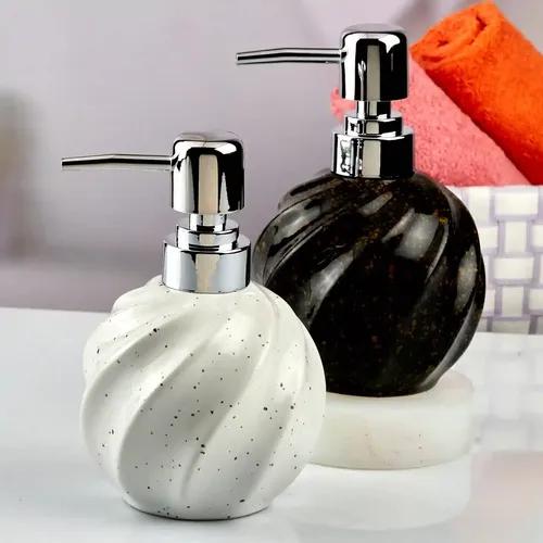 Kookee Ceramic Soap Dispenser for Bathroom hand wash, refillable pump bottle for Kitchen hand wash basin, Set of 2, Black/White (10562)