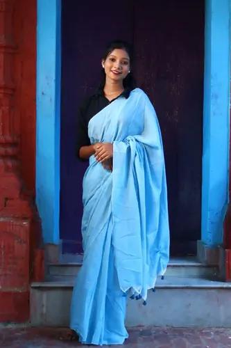 Pure Cotton Plain Saree - Sky Blue