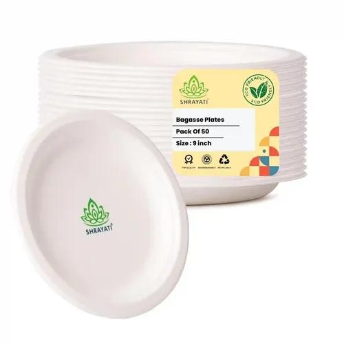 SHRAYATI Disposable Bagasse Plates - 9 Inch, Pack of 1, 50 Pcs Pack, Round Disposable Plates, Sugarcane Paper Plates, Disposable Plates for Parties, Use and Throw Plates, Eco-Friendly