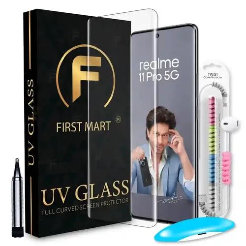 FIRST MART Tempered Glass for Realme 11 Pro 5G / Realme 11 Pro Plus/Realme Narzo 60 Pro with Edge to Edge Full Screen Coverage and Easy UV Glue Installation Kit and Cable Protector, Pack of 1