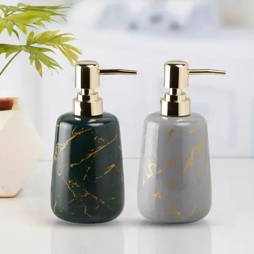 Kookee Ceramic Soap Dispenser for Bathroom hand wash, refillable pump bottle for Kitchen hand wash basin, Set of 2, Green/Grey (10524)