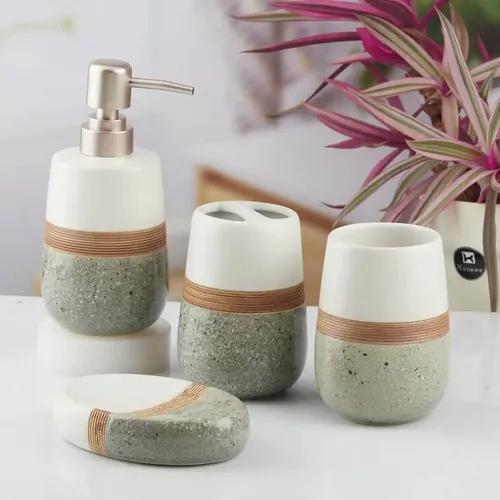 Kookee Ceramic Bathroom Accessories Set of 4, Modern Bath Set with Liquid hand wash Soap Dispenser and Toothbrush holder, Luxury Gift Accessory for Home, White/Dark Grey (10375)