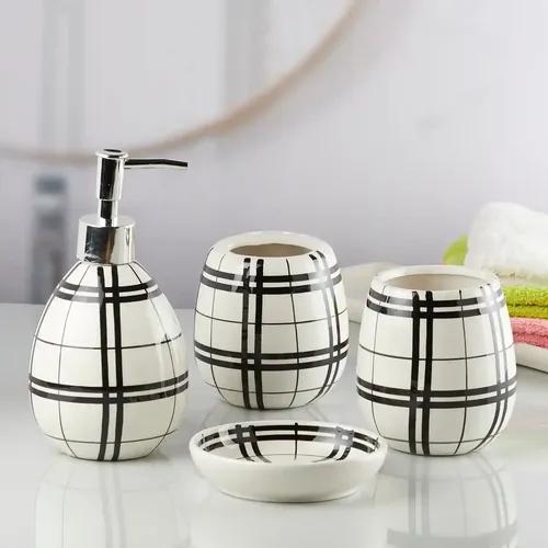 Kookee Ceramic Bathroom Accessories Set of 4, Modern Bath Set with Liquid handwash Soap Dispenser and Toothbrush holder, Luxury Gift Accessory for Home - White & Black (10156)