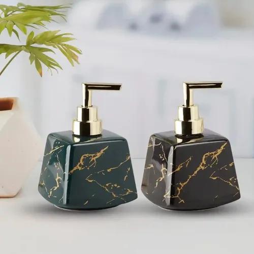 Kookee Ceramic Soap Dispenser for Bathroom hand wash, refillable pump bottle for Kitchen hand wash basin, Set of 2, Green/Grey (10830)