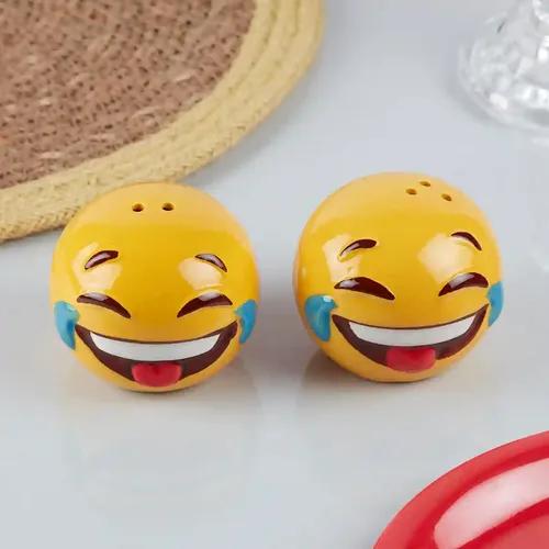 Kookee Ceramic Salt and Pepper Shakers Set for Dining Table used as Namak Dhani, Shaker, Sprinkler, Spices Dispenser for Home, Kitchen and Restaurant, Yellow, Smilie (10184)