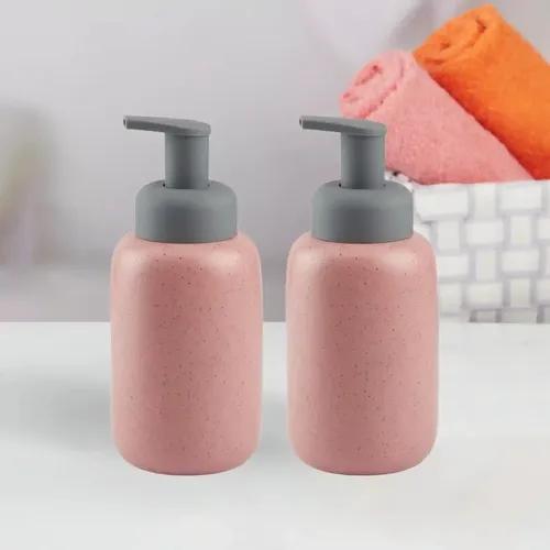 Kookee Ceramic Soap Dispenser for Bathroom hand wash, refillable pump bottle for Kitchen hand wash basin, Set of 2, Pink (11006)