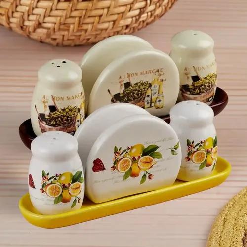 Kookee Ceramic Salt and Pepper Shakers Set with tray for Dining Table used as Namak Dhani, Shaker, Sprinkler, Spices Dispenser for Home, Kitchen and Restaurant, Set of 2 (10653)