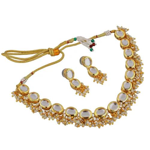 Gold Plated(18k) Small Kundan Stone With Beads Necklace Set - White