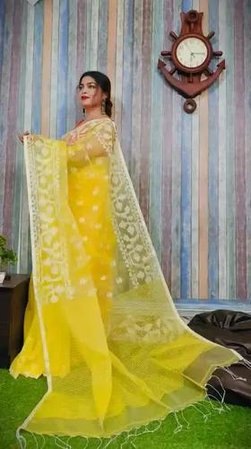 Yellow Reshom Silk Handloom Jamdani Saree