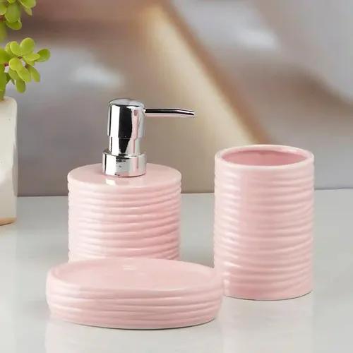 Kookee Ceramic Bathroom Accessories Set of 3, Modern Bath Set with Liquid handwash Soap Dispenser and Toothbrush holder, Luxury Gift Accessory for Home - Pink (10196)