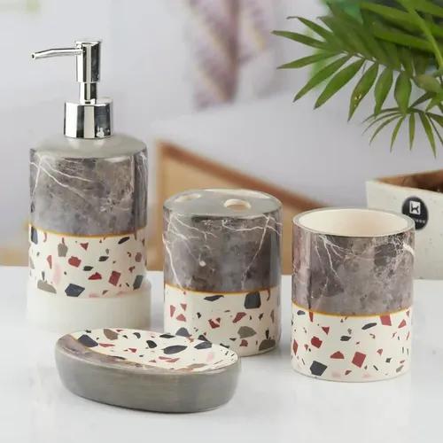 Kookee Ceramic Bathroom Accessories Set of 4, Modern Bath Set with Liquid hand wash Soap Dispenser and Toothbrush holder, Luxury Gift Accessory for Home, Multicolor (10471)