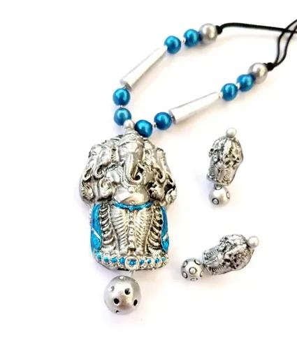 Ganesh Design Terracotta Necklace with Matching Earring - Blue