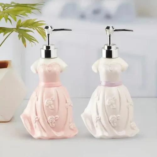 Kookee Ceramic Soap Dispenser for Bathroom hand wash, refillable pump bottle for Kitchen hand wash basin, Set of 2, Pink/Purple (10806)