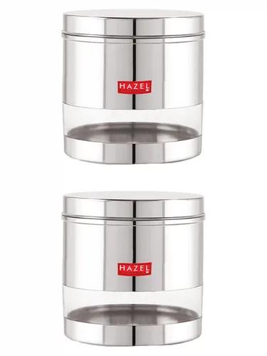 HAZEL Stainless Steel Containers Set For Kitchen Storage Transparent See Through Glossy Finish Storage Jars Dabba, Set of 2, 1500 ML Each, Silver