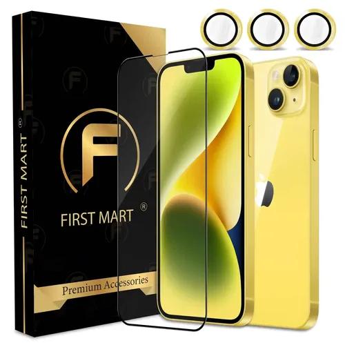 FIRST MART for iPhone 14 Tempered Glass and 1 Set of Individual Yellow Camera Rings Protectors, 2.5D Curved Edges, Full-Coverage Military-Grade Protection, Scratch Resistant | Yellow Rings