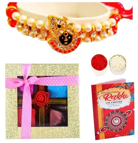 Mantouss Rakhi For Brother With Gift And Chocolates/Rakhi For Brother Combo-Lord Krishna Rakhi+Roli+Chawal+Chocolates+Rakshabandhan Greeting Card