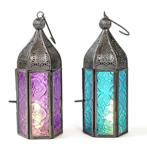 Behoma Moroccan Lanterns for Home Decoration Purple and Blue Textured Glass | Showpiece for Home Decor Living Room Study Room Table Hanging Lantern Lamp | Set of 2 Nickle Black Small