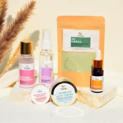 Tvishi Dew Ritual for Combination Skin Kit - Powder Cleanser, Blossom Toner, Hydrate Gel Cream, Nakshatra Glow Serum, Go Green Clay Mask & Shade Me in Lip Balm