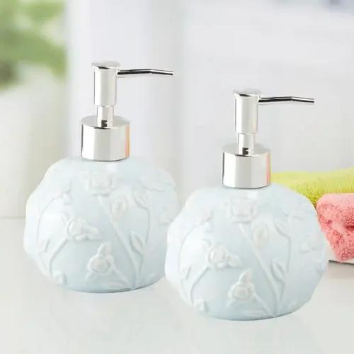 Kookee Ceramic Soap Dispenser for Bathroom hand wash, refillable pump bottle for Kitchen hand wash basin, Set of 2, Blue (11075)