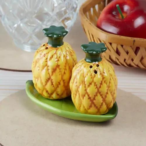 Kookee Ceramic Salt and Pepper Shakers Set with tray for Dining Table used as Namak Dhani, Shaker, Sprinkler, Spices Dispenser for Home, Kitchen and Restaurant, Pineapple (9968)