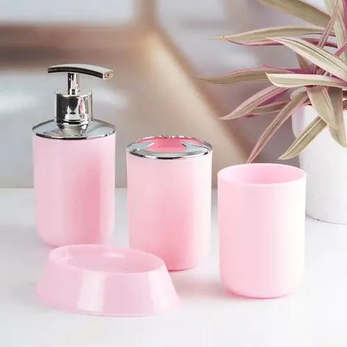 Kookee Acrylic Bathroom Accessories Set of 4, Modern Bath Set with Liquid handwash Soap Dispenser and Toothbrush holder, Luxury Gift Accessory for Home - Light Pink (7395)