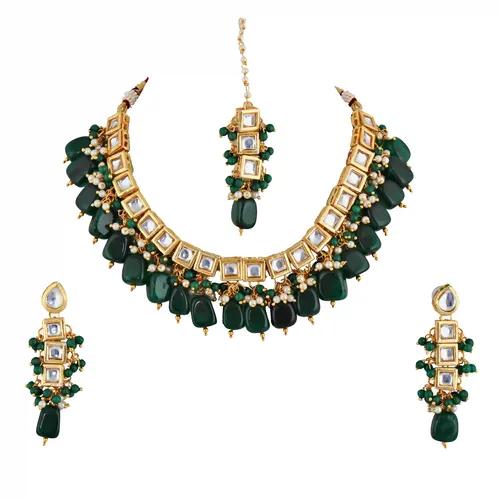 Gold Plated(18k) Meenakari Square Kundan Choker Necklace Set With Maang Tika - Green