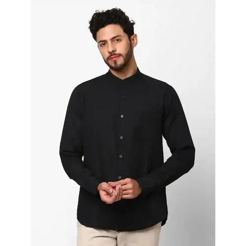 Indivisual Men's Band Collar Solid Carbon Black Shirt - S