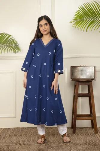 Blue Bandhani Tie And Dye Cotton A-Line Kurta - X-Small