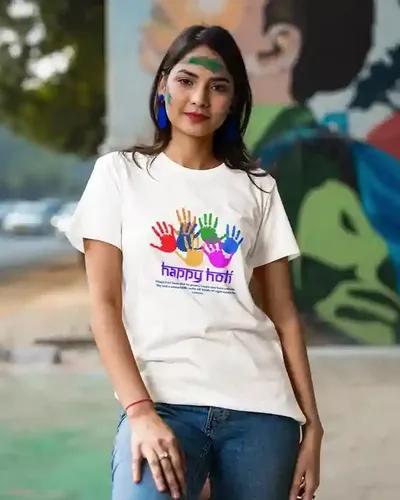 Celebrate with Style: Women's Colorful Handprint Holi T-Shirt in Vivid Contrasts | 100% Premium Bio Wash Cotton T-Shirts - S  (White)