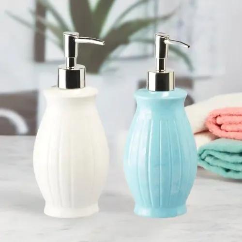 Kookee Ceramic Soap Dispenser for Bathroom hand wash, refillable pump bottle for Kitchen hand wash basin, Set of 2, Blue/White (10951)