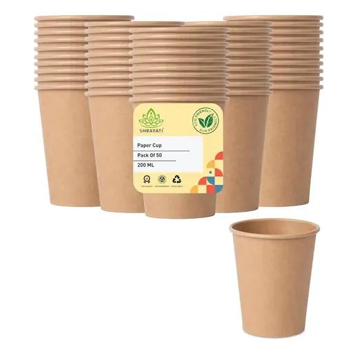 SHRAYATI Paper Cups, 200 ml, 50 pcs per Pack, Pack of 2, Disposable Glasses - Eco-Friendly, Biodegradable and Perfect for Parties, Events, and Everyday Use - Paper Cups Disposable, Brown