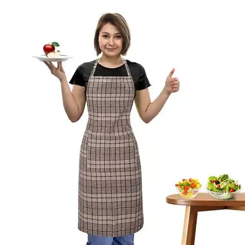 Oasis Brown Mini Checked Cotton Kitchen Apron |Free Size | Comfortable To Wear With Center Pocket |Pack Of 1