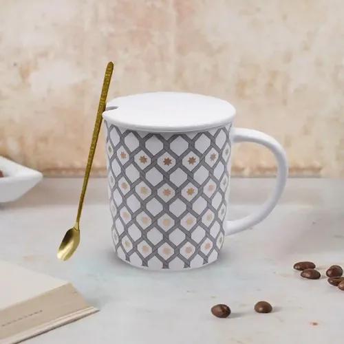 Kookee Fancy Ceramic Coffee or Tea Mug with Lid and Handle with Spoon for Office, Home or Gifting (8526)