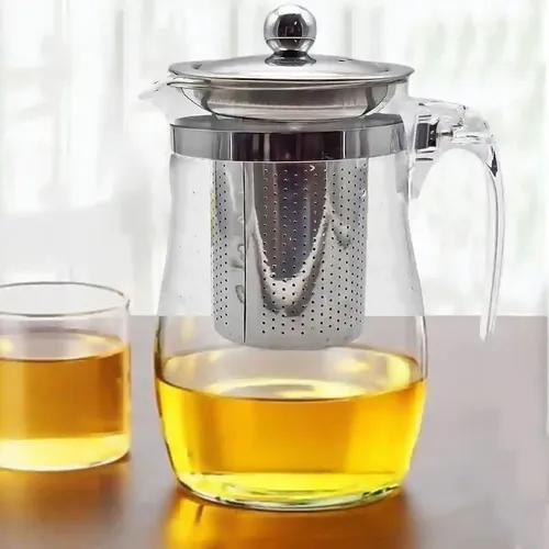 Kookee Glass Kettle with Removable Stainless Steel Strainer/Infuser with Auto Release Button for Black and Green Tea, Coffee, Fruits- 750ml (1266)