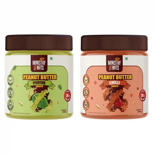 MINISTRY OF NUTS Peanut Butter Pudina Smooth 200G & Peanut Butter Chilli Smooth 200G. Total 400G - Pack Of 2