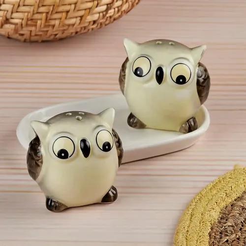 Kookee Ceramic Salt and Pepper Shakers Set with tray for Dining Table used as Namak Dhani, Shaker, Sprinkler, Spices Dispenser for Home, Kitchen and Restaurant, Cream, Owl (10704)