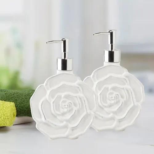 Kookee Ceramic Soap Dispenser for Bathroom hand wash, refillable pump bottle for Kitchen hand wash basin, Set of 2, White (11104)