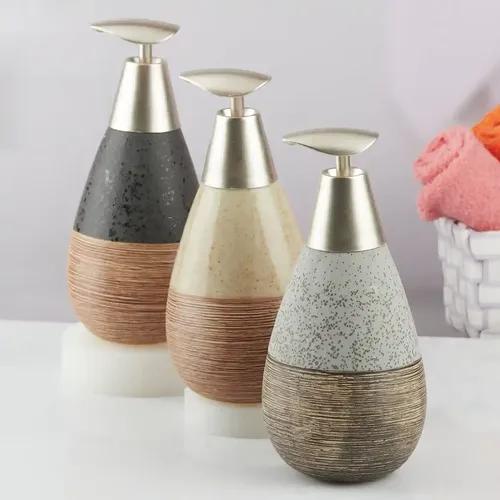 Kookee Ceramic Soap Dispenser for Bathroom hand wash, refillable pump bottle for Kitchen hand wash basin, Set of 3, Beige/Grey/Black (10548)