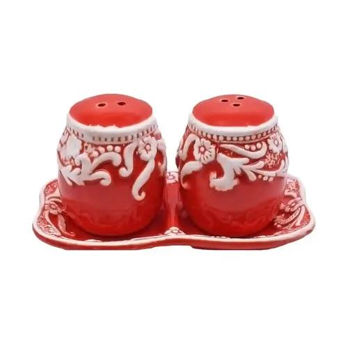 Kookee Ceramic Salt and Pepper Shakers Set with tray for Dining Table used as Namak Dhani, Shaker, Sprinkler, Spices Dispenser for Home, Kitchen and Restaurant, Floral Design, Red White (8565)