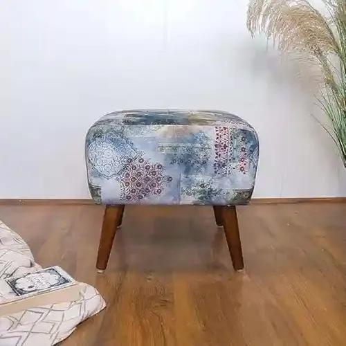 YELLOW Ribbon Puffy Stool for Living Room Vanity Dressing Table Sitting Blue Printed Premium Foam Cushioned Pouffe Ottoman for Foot Rest Stool for Home Decor Furniture Wooden_Soft Blue