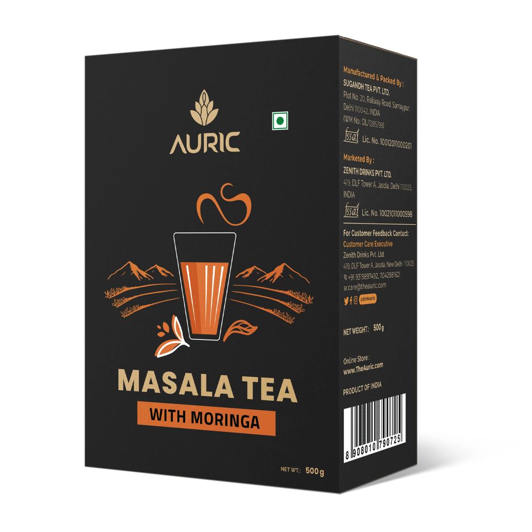 Auric Kadak Moringa Masala Tea - Black Tea from Assam & Darjeeling | Tea Masala Powder Blended with Real Spices (Cardamom, Ginger, Black Pepper) 500 Gms