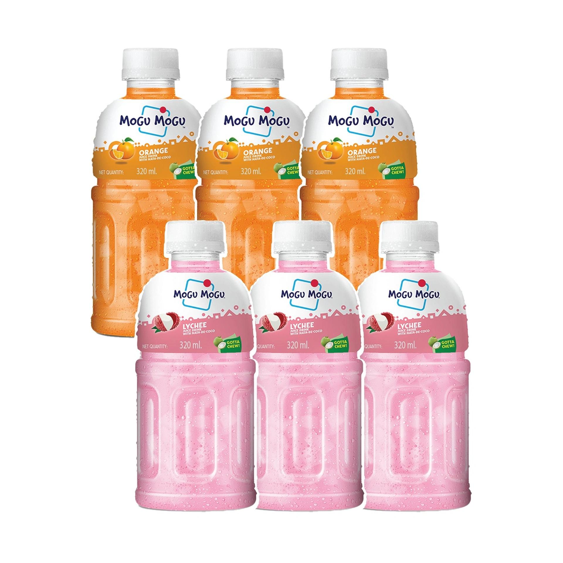 Mogu Mogu Combo Pack of Orange & Lychee with 25% NATA De Coco 320ml - (Pack of 6)